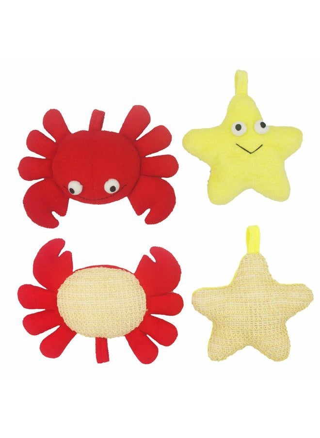 Bleu Bath - (2 Pack) Animal Body Scrubber Natural Linen Shower Ball for Toddler Kids Gentle Exfoliating Bath Sponge Loofah Pouf in Yellow Starfish Red Crab with Cute Big Eyes Design - Image 1