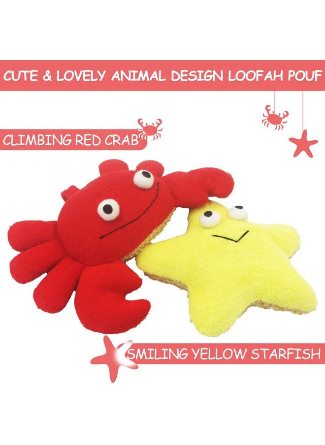 Bleu Bath - (2 Pack) Animal Body Scrubber Natural Linen Shower Ball for Toddler Kids Gentle Exfoliating Bath Sponge Loofah Pouf in Yellow Starfish Red Crab with Cute Big Eyes Design - Image 1