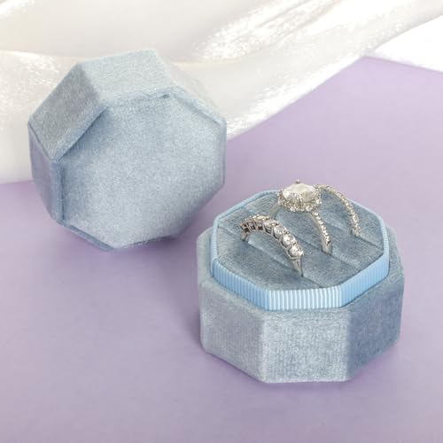 Gvhntk Velvet 3 Slots Jewelry Ring Box Vintage Octagon Ring Display Holder Gift Premium Gorgeous Case with Detachable Lid for Wedding Engagement Proposal Keepsake Ceremony (Blue) - Image 3