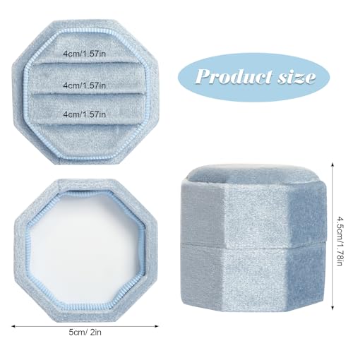 Gvhntk Velvet 3 Slots Jewelry Ring Box Vintage Octagon Ring Display Holder Gift Premium Gorgeous Case with Detachable Lid for Wedding Engagement Proposal Keepsake Ceremony (Blue) - Image 4