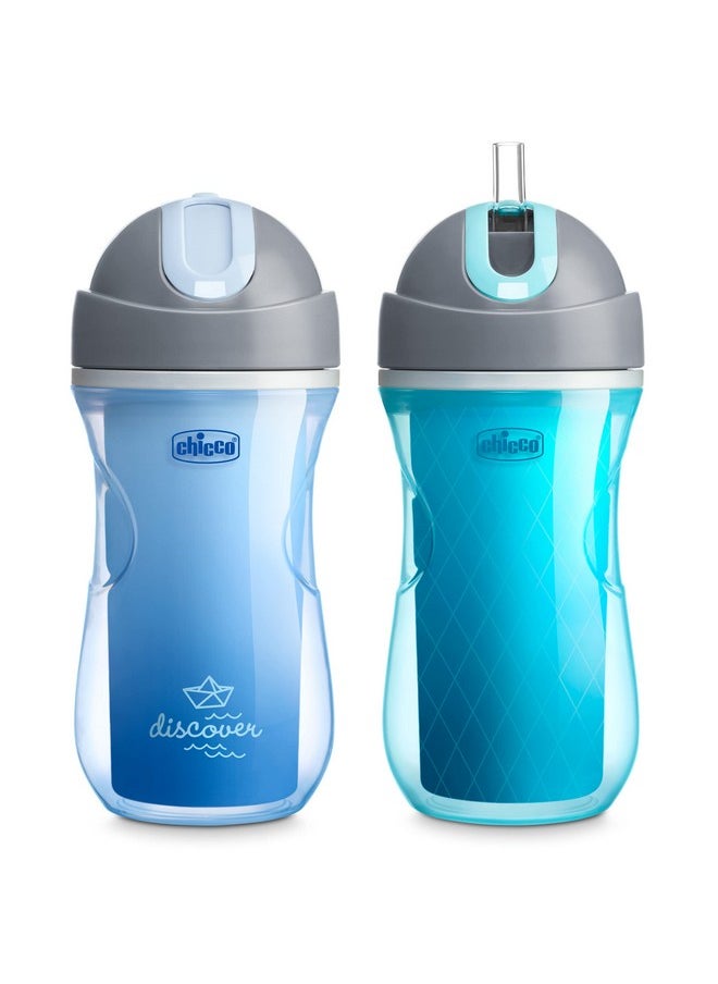 Chicco Chicco Double-Wall Insulated Flip-Top Sippy Cup with Silicone Straw and Spill-Free Lid 9oz.| Top-Rack Dishwasher Safe | Easy to Hold with Ergonomic Indents | Blue Discover/Teal, 2pk | 12+ month  - Image 1