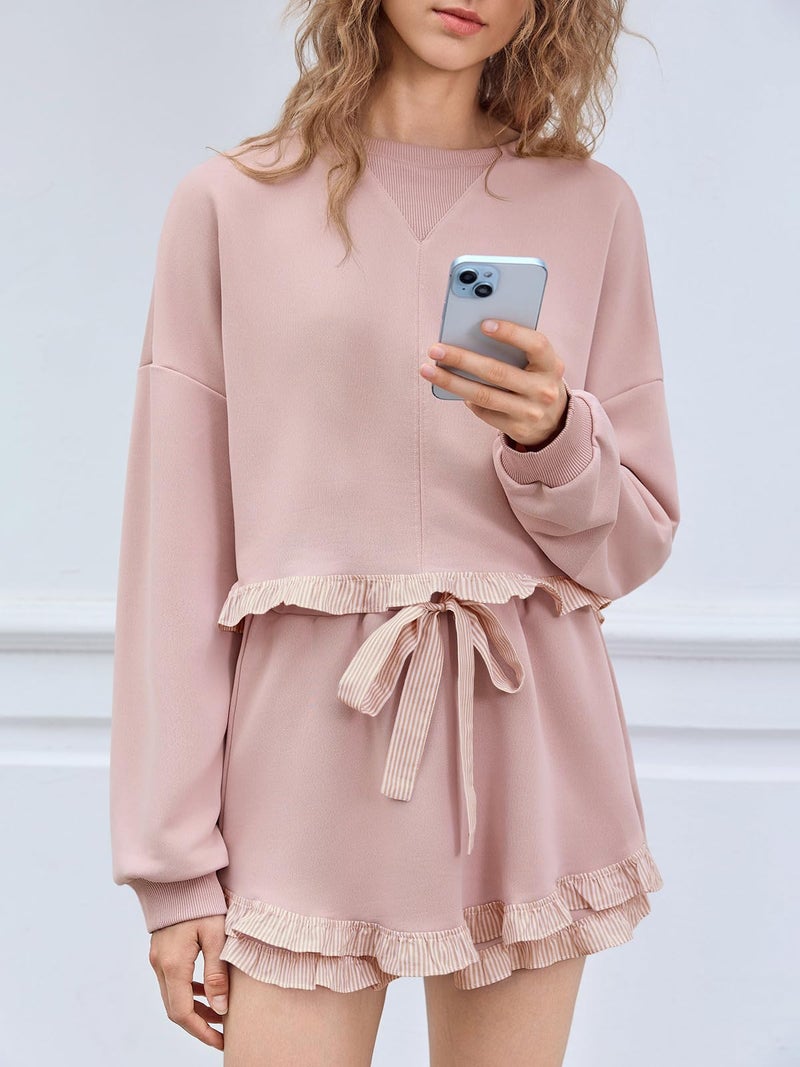 Fisoew Women's 2 Piece Lounge Sets Ruffle Color Block Cropped Sweatshirts Casual Drawstring Shorts Fall Loose Sweatsuits - Image 4