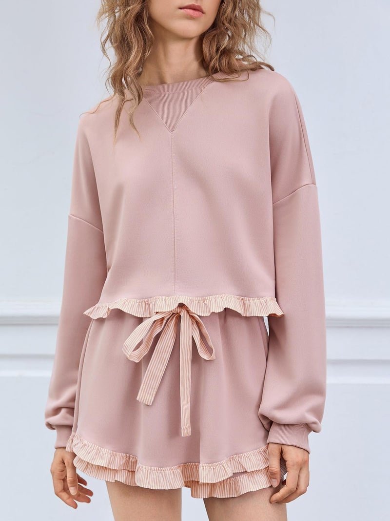 Fisoew Women's 2 Piece Lounge Sets Ruffle Color Block Cropped Sweatshirts Casual Drawstring Shorts Fall Loose Sweatsuits - Image 2
