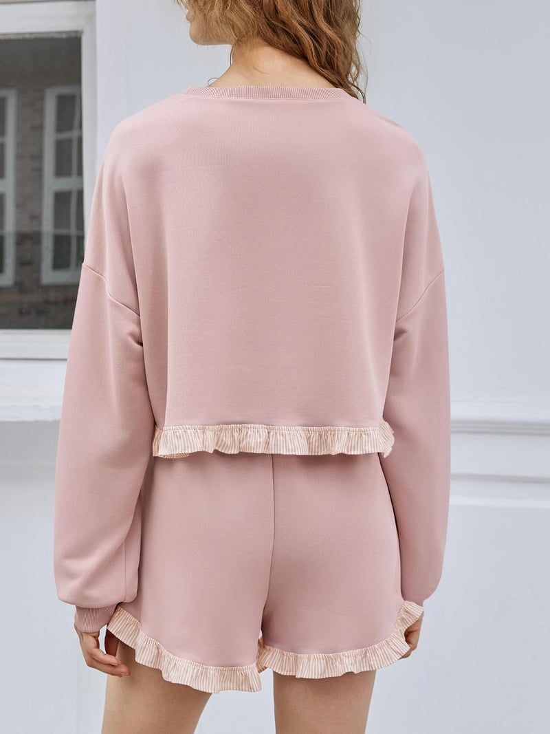 Fisoew Women's 2 Piece Lounge Sets Ruffle Color Block Cropped Sweatshirts Casual Drawstring Shorts Fall Loose Sweatsuits - Image 3