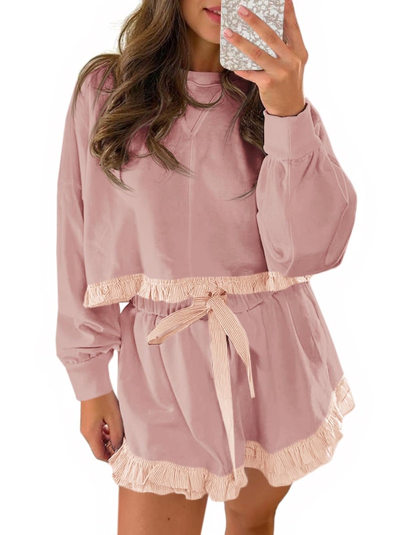 Fisoew Women's 2 Piece Lounge Sets Ruffle Color Block Cropped Sweatshirts Casual Drawstring Shorts Fall Loose Sweatsuits - Image 1
