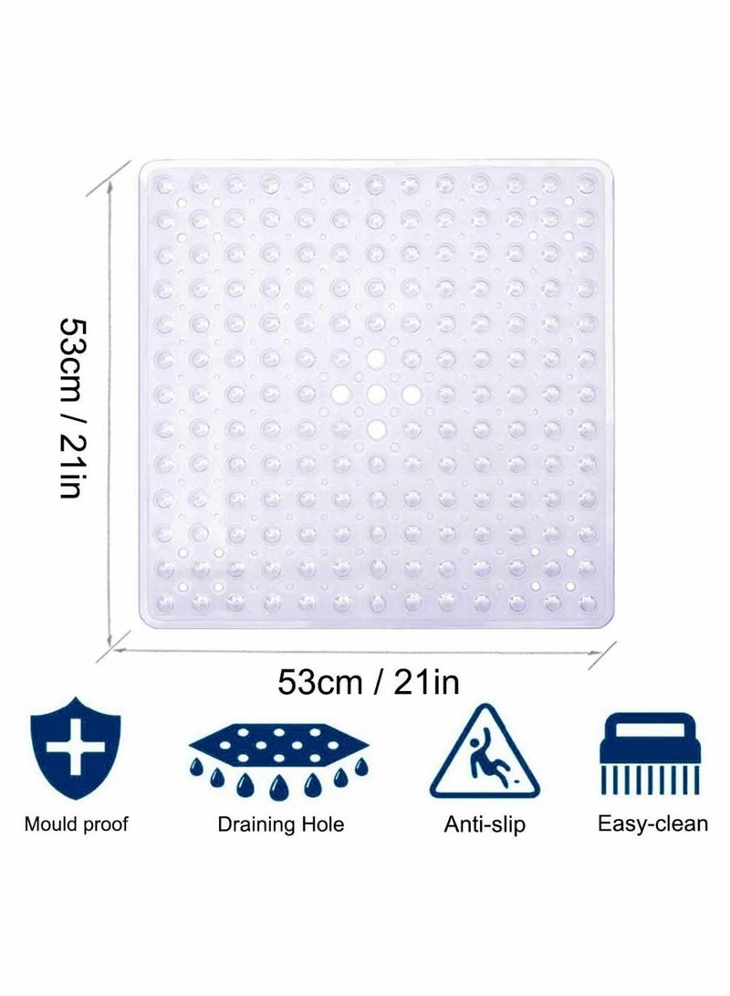 Square Shower Mat Non Slip Anti Mould Machine Washable Bathtub Mat with Suction Cup Safety Bath Mat, Antibacterial Rubber Kids Shower Mat with Drain Holes, 53 × 53cm, Transparent White - Image 3