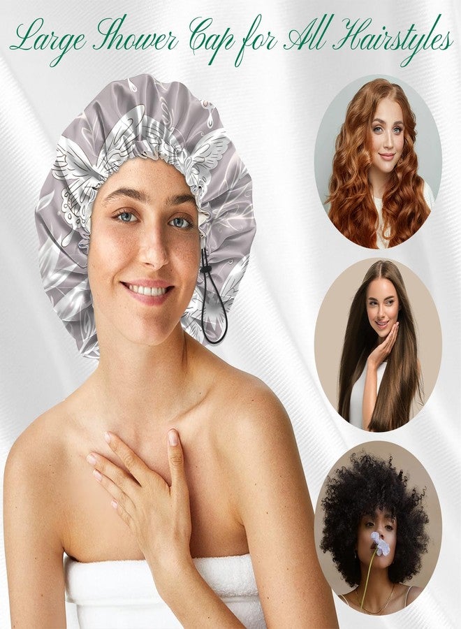 BHAHB 2 PCS Shower Cap Waterproof Double Layer Elastic Adjustable Reusable Hair Bath Caps for Girls Women Cute Aesthetic-Grey - Image 4