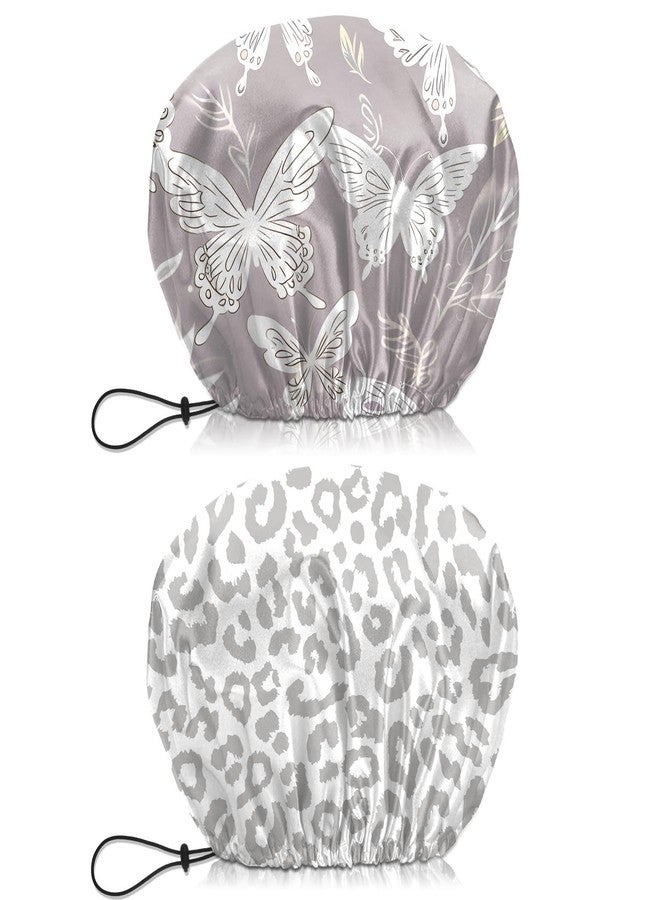 BHAHB 2 PCS Shower Cap Waterproof Double Layer Elastic Adjustable Reusable Hair Bath Caps for Girls Women Cute Aesthetic-Grey - Image 1