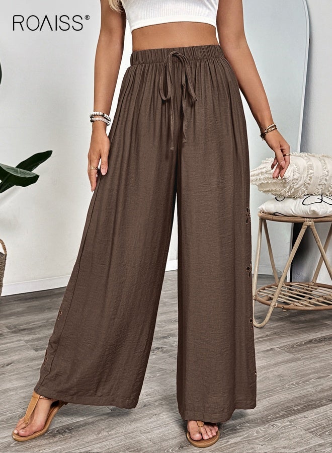 roaiss Women's Flowy Wide Leg Palazzo Pants with Adjustable Drawstring Waist Delicate Embroidery Lightweight Breathable Fabric Versatile Comfort Long Pants Brown - Image 4