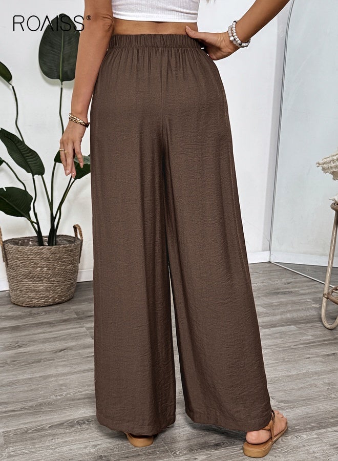 roaiss Women's Flowy Wide Leg Palazzo Pants with Adjustable Drawstring Waist Delicate Embroidery Lightweight Breathable Fabric Versatile Comfort Long Pants Brown - Image 2