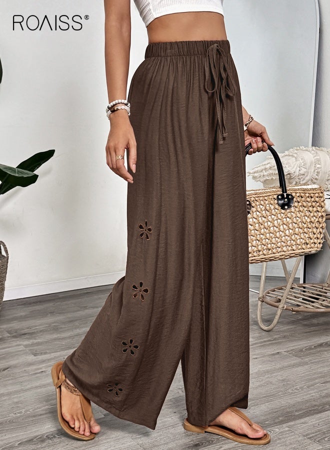 roaiss Women's Flowy Wide Leg Palazzo Pants with Adjustable Drawstring Waist Delicate Embroidery Lightweight Breathable Fabric Versatile Comfort Long Pants Brown - Image 5