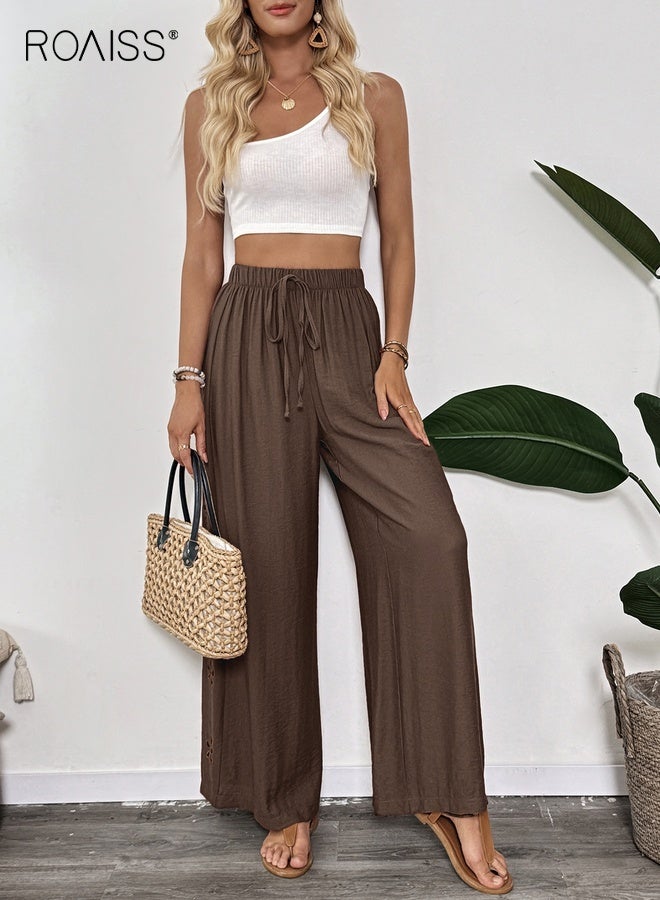 roaiss Women's Flowy Wide Leg Palazzo Pants with Adjustable Drawstring Waist Delicate Embroidery Lightweight Breathable Fabric Versatile Comfort Long Pants Brown - Image 1