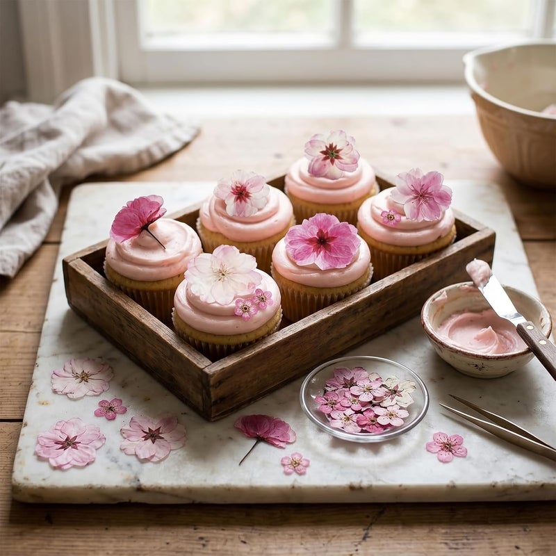 SUPROD 50 Pcs Pink Dried Pressed Flowers Cake Decorations Cherry Blossoms Flowers for Dessert Table Birthday Bridal Wedding Baby in Bloom Baby Shower Party Décor - Image 3