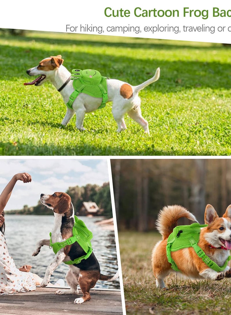 Frog Dog Backpack Harness, No-Pull Pet Harness Vest with Saddle Bag for Travel and Hiking. Adjustable and Comfortable Mesh Vest with D-Ring for Small to Medium Dogs.