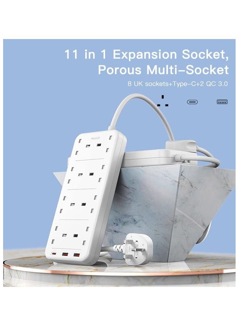 Yesido مقبس طاقة YESIDO بسعة 3250 واط مع 8 منافذ تكييف هواء و 2 متر مع منافذ شحن سريعة PD و QC USB. - Image 4