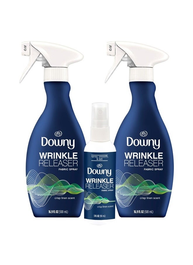 Downy Wrinkle Releaser Spray, All In One Formula, Removes Wrinkles, Static and Odors, Crisp Linen Scent, 16.9 Fl Oz, Pack of 2 + Travel Size Spray  - Image 1