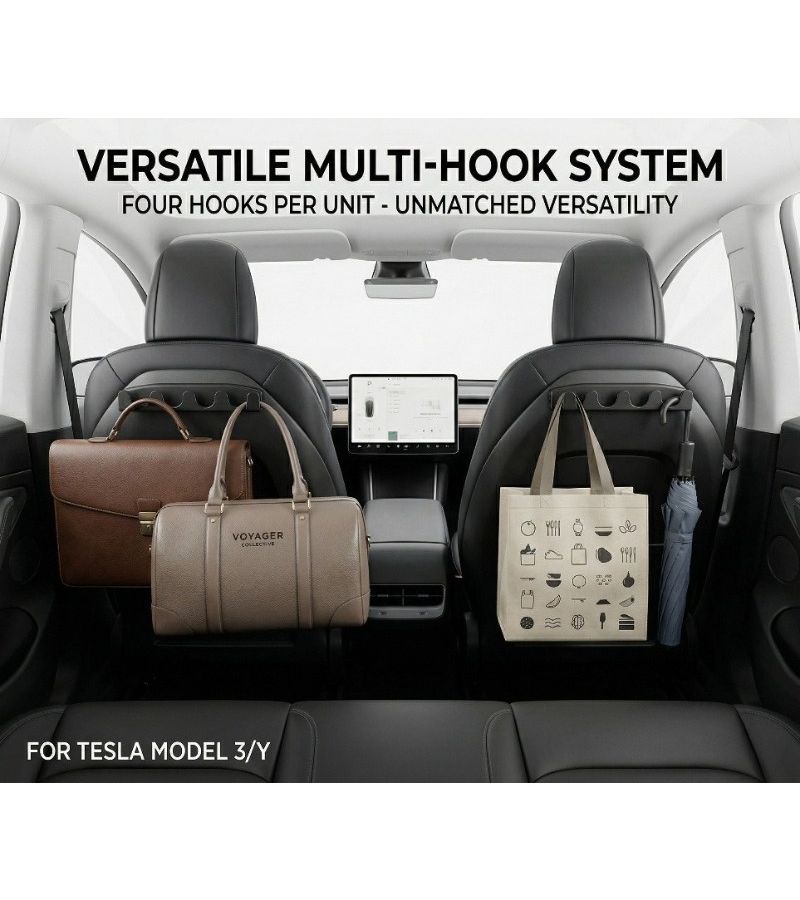 Set Of 2 Black Creative Car Seat Headrest Organizers For Tesla Models 2021 To 2025 Storage Solution For Bags Keys And Groceries - Image 2