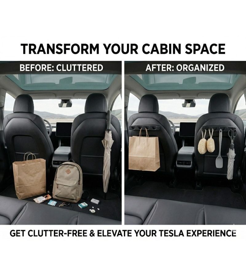 Set Of 2 Black Creative Car Seat Headrest Organizers For Tesla Models 2021 To 2025 Storage Solution For Bags Keys And Groceries - Image 4