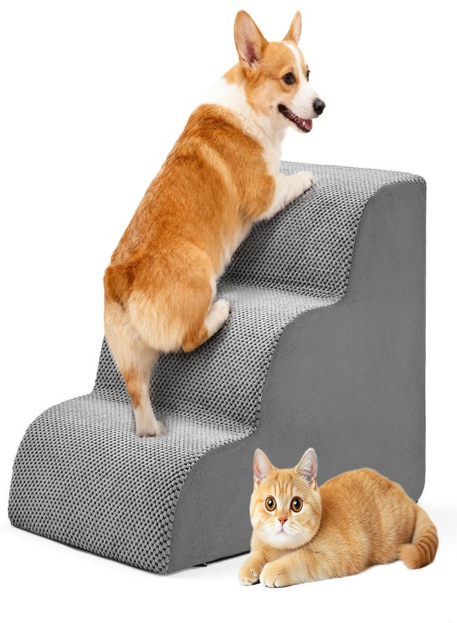 DUMOS Dog Stairs Ramp for Small Dogs and Cats, 3-Step Curved Pet Dog Steps with High-Density Foam for Puppy and Older Cats, Indoor Non-Slip Pet Ladder Ramp Stairs for Couch, High Beds, Sofa, Car, Grey - Image 1