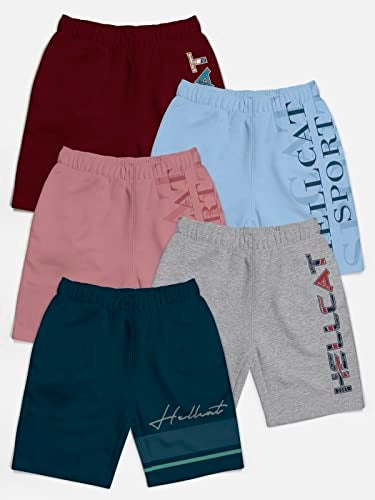 HELLCAT Pack of 5 Trendy Typographic Printed Mid Rise Shorts for Boys - Petrol Blue/Grey Melange/Pink/Sky Blue/Burgundy / 3-4 Years - Image 2