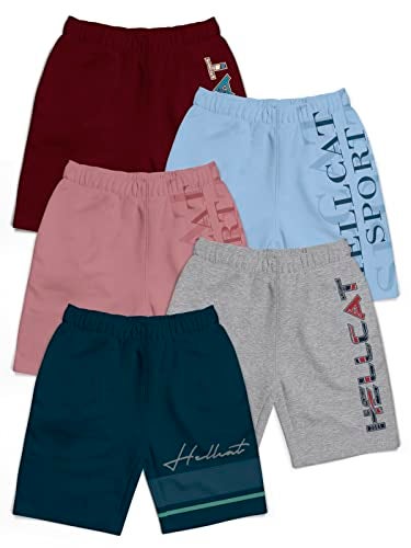 HELLCAT Pack of 5 Trendy Typographic Printed Mid Rise Shorts for Boys - Petrol Blue/Grey Melange/Pink/Sky Blue/Burgundy / 3-4 Years - Image 1