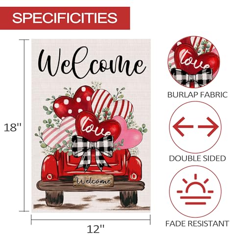 JNDJE Valentine's Day Garden Flag, Valentines Flag 12x18 Double Sided Decorations, Red Truck Small Flag for Outdoor - Image 2