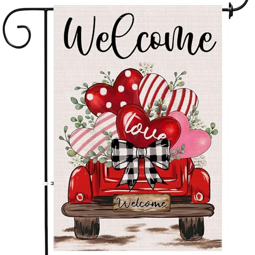 JNDJE Valentine's Day Garden Flag, Valentines Flag 12x18 Double Sided Decorations, Red Truck Small Flag for Outdoor - Image 1