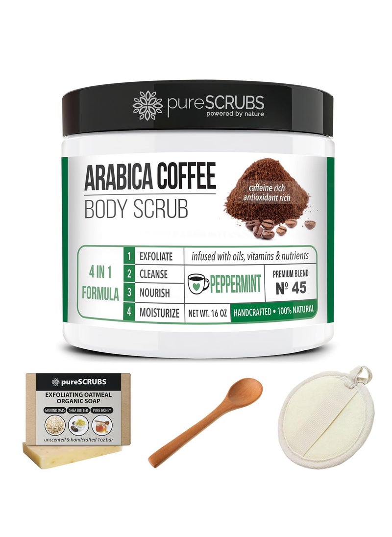 pureSCRUBS - pureSCRUBS Premium Organic Arabica Coffee Body Scrub Set - PEPPERMINT BLEND 16oz Anti Cellulite Scrub With Essential Oils & Nutrients + FREE Wooden Spoon, Loofah & Mini Organic Exfoliating Bar Soap - Image 1