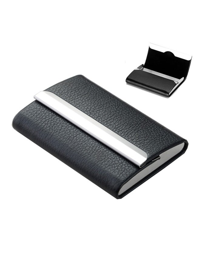 Generic Business Card Holder Case Black Fashion Professional PU Leather Business Card Carrier Luxury Metal Name Card Holder with Magnetic Shut Wallet Credit Card ID Case for Men Women Best Gift  - Image 1