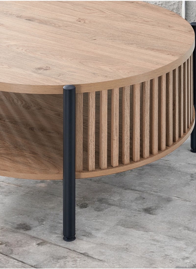 woodx Round Coffee Table with Slatted Wood Design and Black Legs  - Image 3
