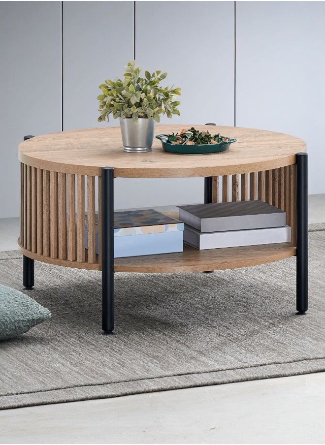 woodx Round Coffee Table with Slatted Wood Design and Black Legs  - Image 1