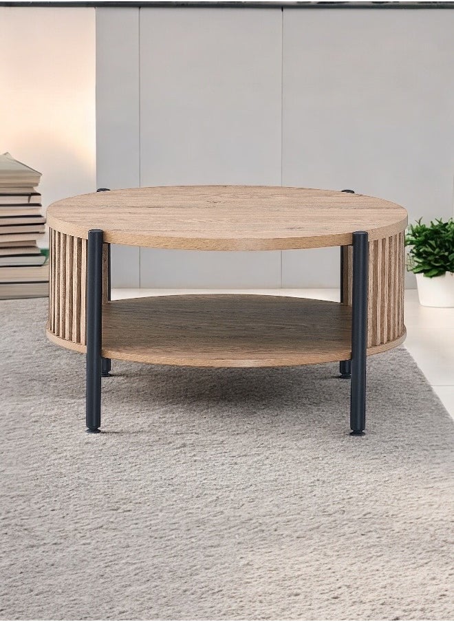 woodx Round Coffee Table with Slatted Wood Design and Black Legs  - Image 2