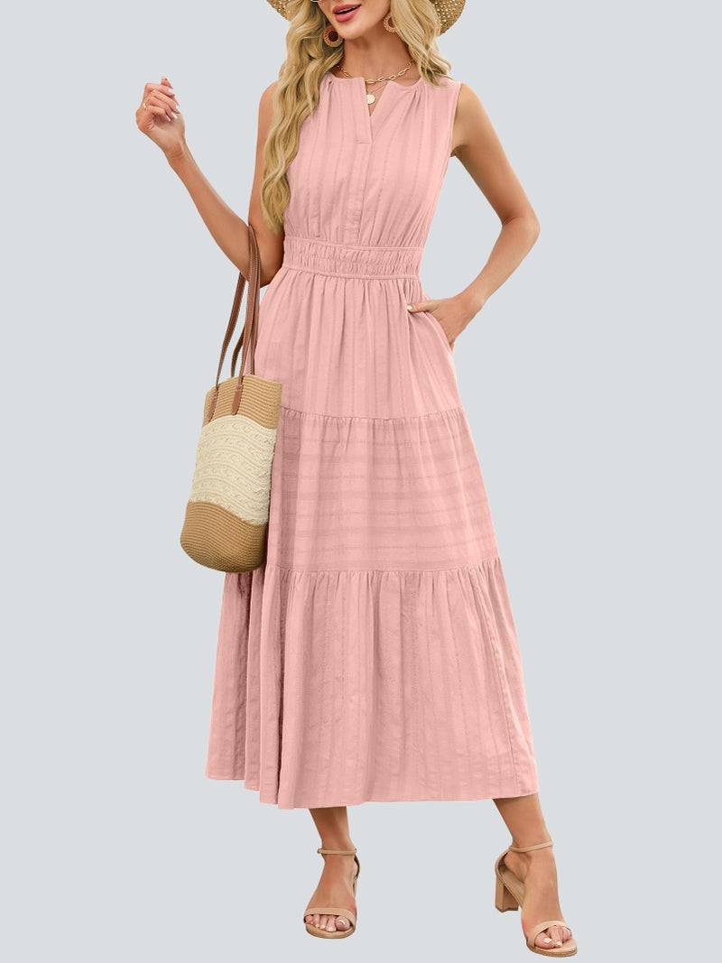 Funlingo Midi Dresses for Women Spring Pink Lightweight Elastic Waist V Neck Cocktail Dress Tiered Cotton Professional Dresses for Church Work Holidays Wedding 2XL - Image 2
