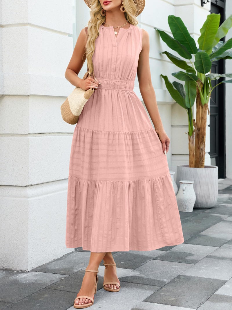 Funlingo Midi Dresses for Women Spring Pink Lightweight Elastic Waist V Neck Cocktail Dress Tiered Cotton Professional Dresses for Church Work Holidays Wedding 2XL - Image 3