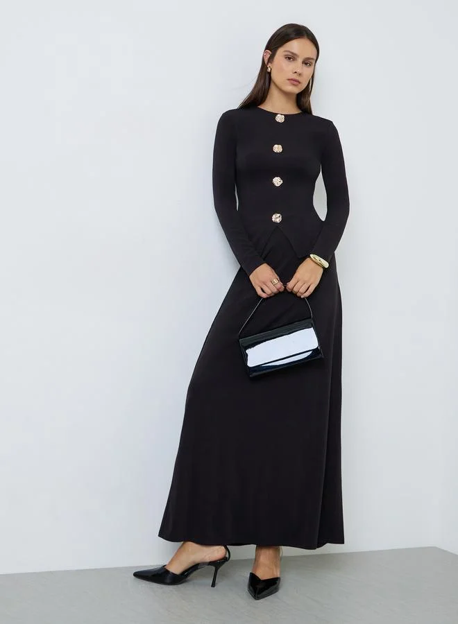 Styli Black Long Sleeve Knit Top With Gold Buttons