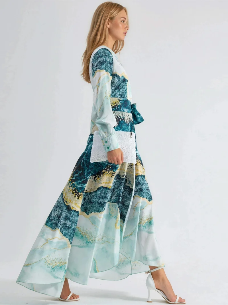 جينيفر Abstract Print Long Sleeve Maxi Dress with Tie Detail