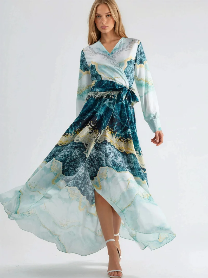 جينيفر Abstract Print Long Sleeve Maxi Dress with Tie Detail