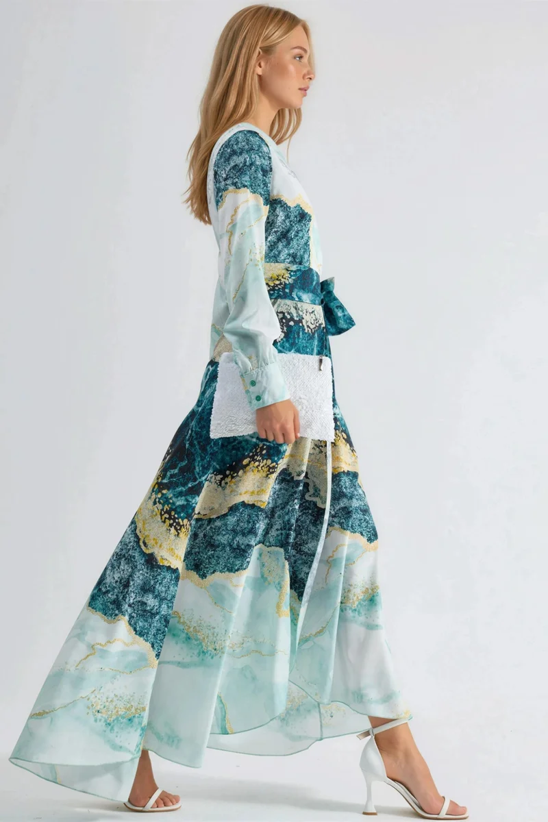 جينيفر Abstract Print Long Sleeve Maxi Dress with Tie Detail