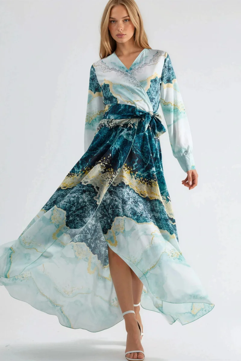 جينيفر Abstract Print Long Sleeve Maxi Dress with Tie Detail