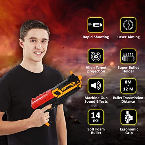 Wembley Blaster Guns with Laser Light & Music, Foam Bullets with 14 Foam Bullets for Guns, Shooting Game Toy for Indoor Outdoor, Battery Operated Musical Gun Toy for Kids Boys 6+ (Orange) - Image 5