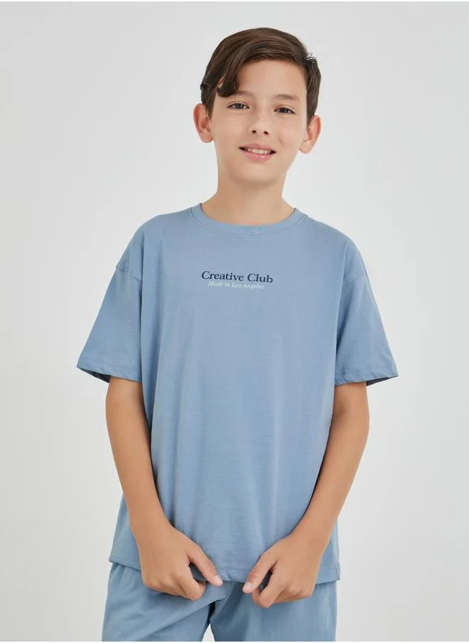 Styli Styli Boys Typography Print Oversized T-Shirt and Shorts Set
