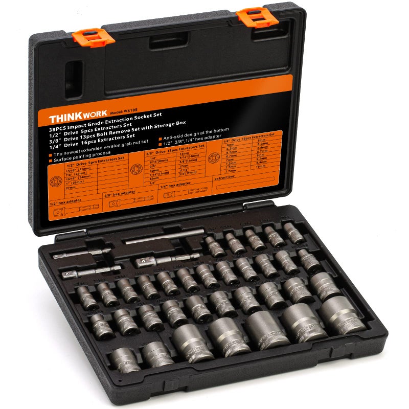 THINKWORK Bolt Extractor Kit, 38-Piece Nut Extractor Socket Set, 1/4" 3/8" 1/2" Drive Rounded Bolt Remover, Lug Nut Removal Tool for Damaged, Rusted, Rounded-Off, Stripped Fasteners - Image 1