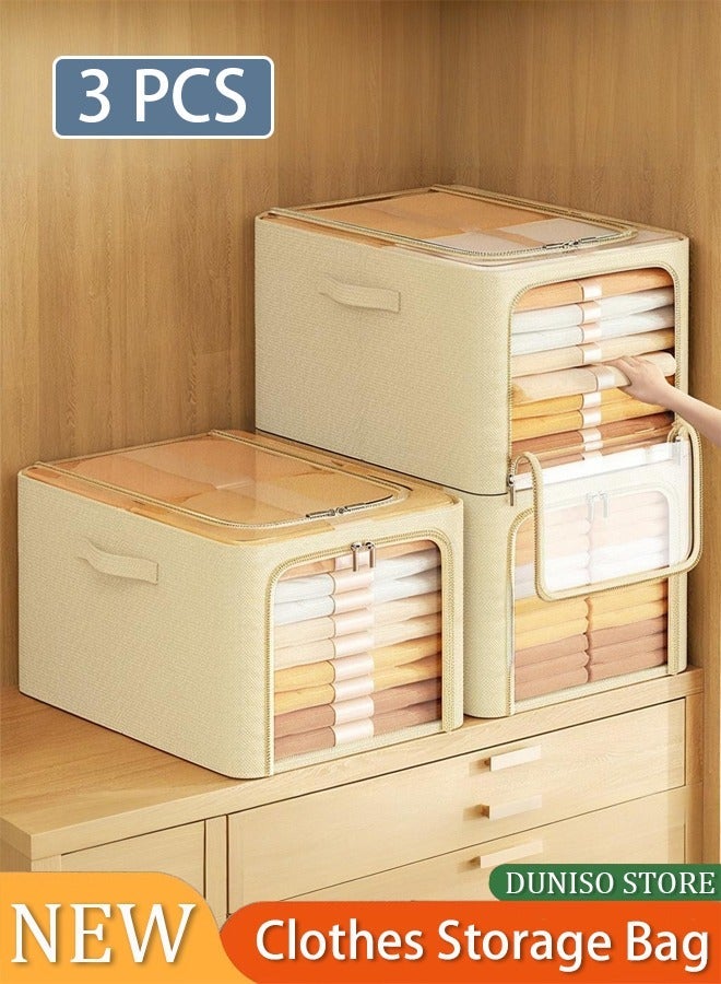 DUNISO 3 Pieces 60L Clothes Storage Organizer, Foldable Clothes Storage Bins with Clear Window Closet Organizer Storage Containers with Handles, Oxford Cloth Steel Frame Clothing Storage Box - Image 1