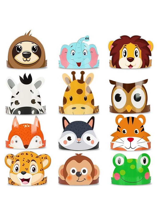 12 قطع قبعات حفلات عيد ميلاد على شكل حيوانات - مجموعة تيجان ورقية كرتونية لطيفة لديكور حفلات أطفال، إكسسوارات حفلات بموضوع السفاري/الغابة - Image 1