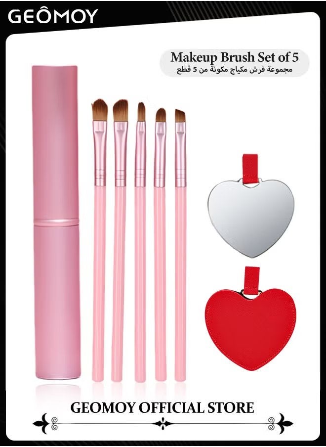 Geomoy Portable Makeup Brush Set 5pcs Face Eyeliner Blush Makeup Brush Set in One Tube To Keep Brush Cleaner with 1pc Heart Shaped Compact Stainless Steel Mirror - Image 1