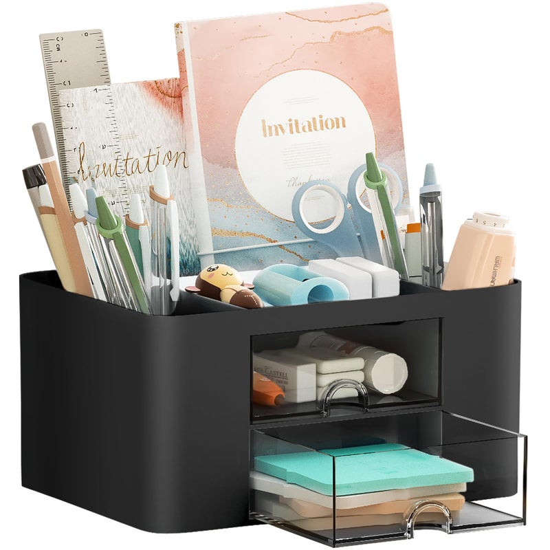 Marbrasse Pen Organizer with 2 Drawer, Multi-Functional Pencil Holder for Desk, Desk Organizers and Accessories with 5 Compartments + Drawer for Office Art Supplies (Black) - Image 1