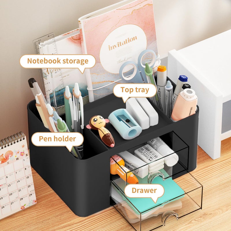 Marbrasse Pen Organizer with 2 Drawer, Multi-Functional Pencil Holder for Desk, Desk Organizers and Accessories with 5 Compartments + Drawer for Office Art Supplies (Black) - Image 2