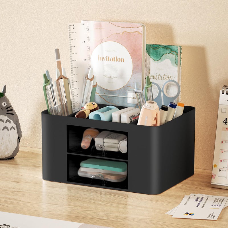Marbrasse Pen Organizer with 2 Drawer, Multi-Functional Pencil Holder for Desk, Desk Organizers and Accessories with 5 Compartments + Drawer for Office Art Supplies (Black) - Image 3