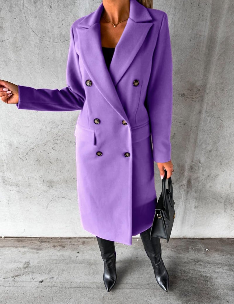IDEALSANXUN Wool Coats for Women Trench Pea Coat 2026 Fall Fashion Outfits Double Breasted Blazer Warm Dress Long Ladies Coat Jacket, Purple, S - Image 3