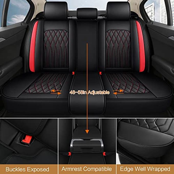 Pariitadin Leather Car Seat Covers Full Pair, Waterproof Faux Leather Seat Covers For Cars, Non-Slip Car Interior Covers Universal Fit For Most Cars Sedans Trucks Suvs, Black/Red Line - Image 3
